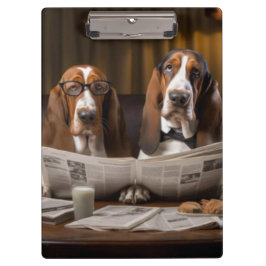 Niedliche Basset-Hunde beim Lesen einer Zeitung Klemmbrett