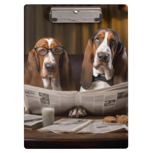 Niedliche Basset-Hunde beim Lesen einer Zeitung Klemmbrett (Vorderseite)