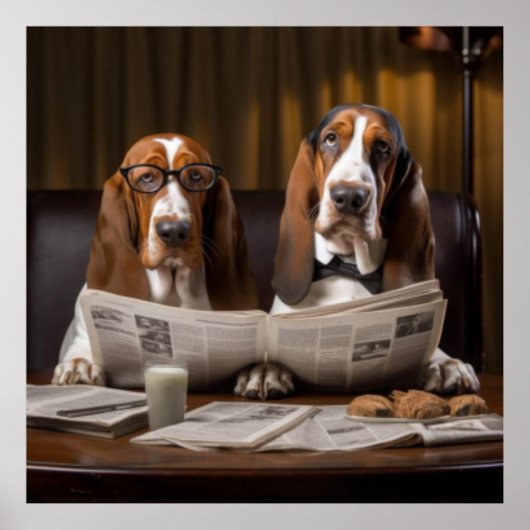 Niedliche Basset-Hunde beim Lesen einer Zeitung Poster (Vorne)