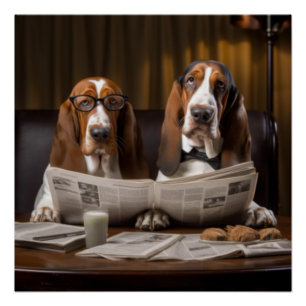 Niedliche Basset-Hunde beim Lesen einer Zeitung Poster