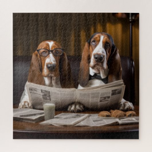 Niedliche Basset-Hunde beim Lesen einer Zeitung Puzzle (Vertikal)