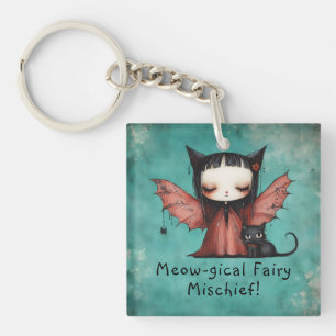 Niedliche Bat Fairy und ihre Katze Halloween Schlüsselanhänger