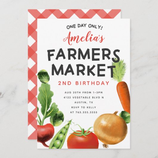 Niedliche Bauer Markt Gemüse Geburtstagspartei Einladung (Vorne/Hinten)