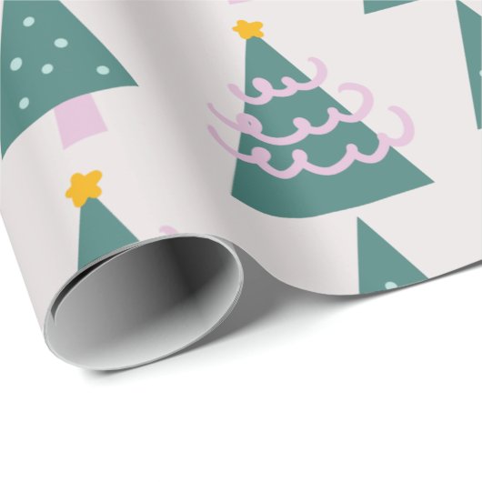 Niedliche Baumdoodles Rosa Grün Geschenkpapier (Rolleneckpunkt)
