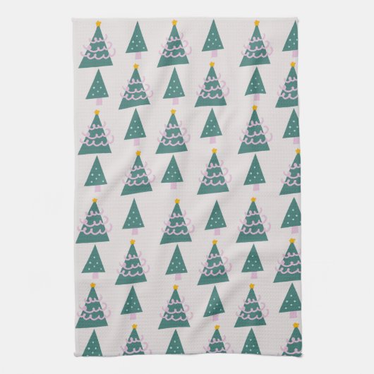 Niedliche Baumdoodles Rosa Grün Geschirrtuch (Vertikal)