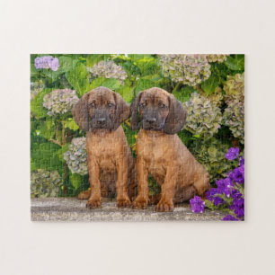 Niedliche bayerische Berghütten Welpen mit Blume Puzzle
