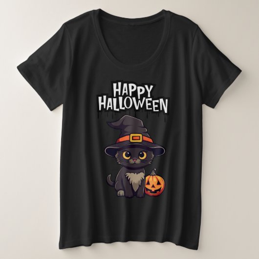 Niedliche Beängstigende Schwarze Katze mit Pumpkin Große Größe T-Shirt (Design vorne)