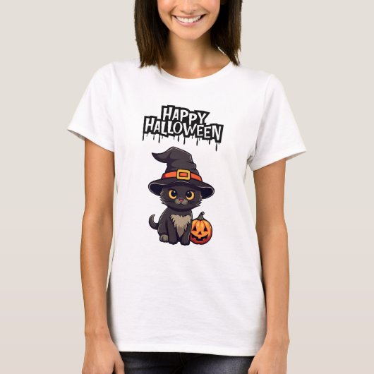 Niedliche Beängstigende Schwarze Katze mit Pumpkin T-Shirt (Vorderseite)