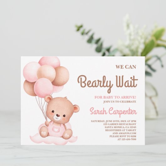 Niedliche Bear Baby Dusche Mädchen Einladung (Stehend Vorderseite)