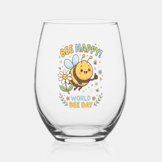 Niedliche "Bee Happy!"-Illustration für den Weltbi Weinglas Ohne Stiel