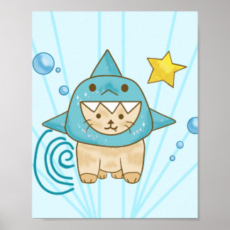 Niedliche Beige Katze in Haikostüm Aqua-Meer thema Poster