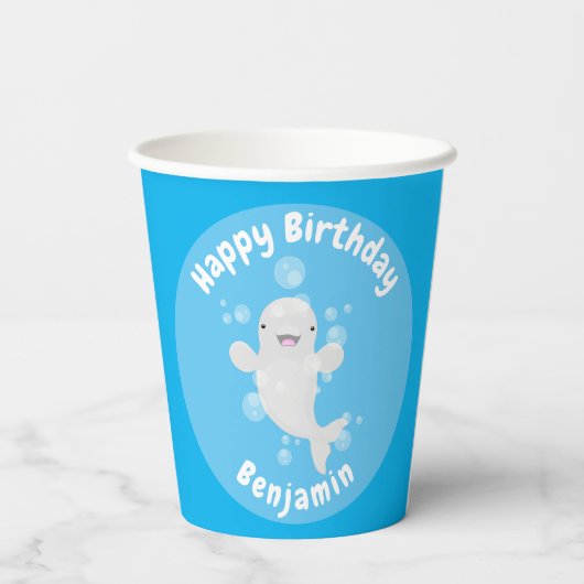 Niedliche Beluga-Wal-Blasen Cartoon-Abbildung Pappbecher (Rückseite)