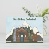 Niedliche Berghütte und Elche zum Geburtstag einla Einladung (Stehend Vorderseite)