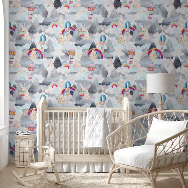 Niedliche Bergwelt Heißluftballon Kinderzimmer Tapete (Kinder)