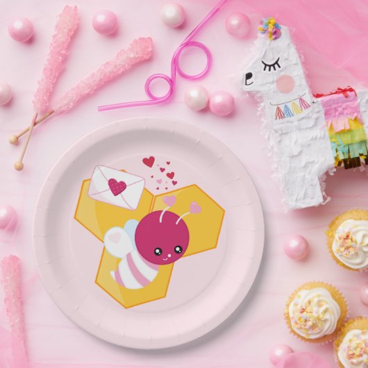 Niedliche Biene mit rosafarbenen Herzklopfen Pappteller (Party)