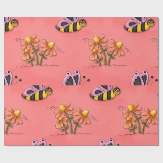 Niedliche Biene und Blume Rosa Frühlingspark Geschenkpapier (Flach)