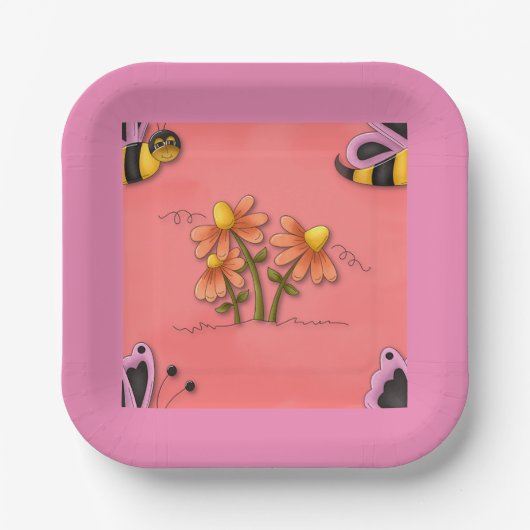 Niedliche Biene und Blume Rosa Frühlingspark Pappteller (Vorderseite)