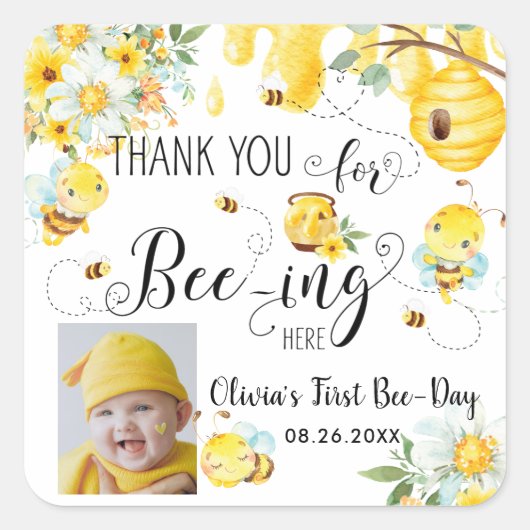 Niedliche Bienen Bienen Biene Floral 1. Geburtstag Quadratischer Aufkleber (Vorderseite)