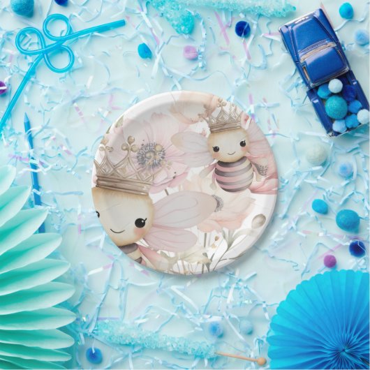 Niedliche Bienen in pastelfarbenem Blumengestein Pappteller (Party)