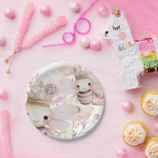 Niedliche Bienen in pastelfarbenem Blumengestein Pappteller (Party)