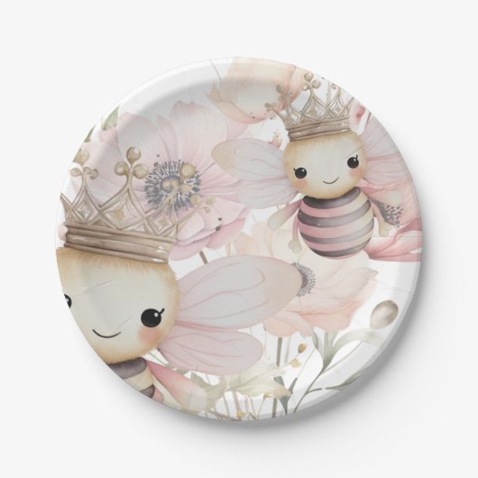 Niedliche Bienen in pastelfarbenem Blumengestein Pappteller (Vorderseite)