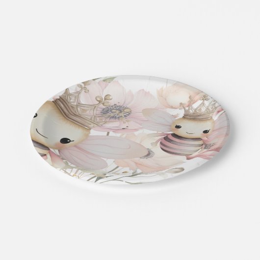 Niedliche Bienen in pastelfarbenem Blumengestein Pappteller (Schrägansicht)