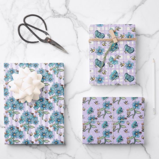 Niedliche Bienen, Schmetterlinge, Blume und Ladybu Geschenkpapier Set (Vorderseite)