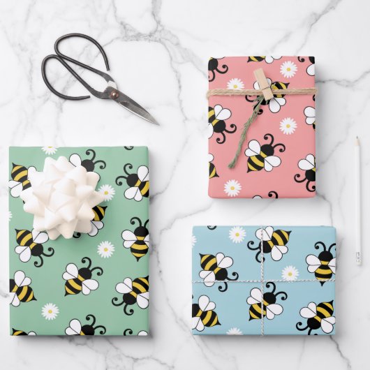 Niedliche Bienen und Blume Geschenkpapier Set (Vorderseite)