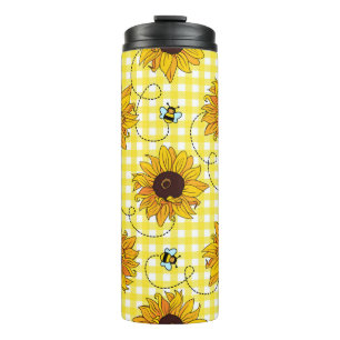 Niedliche Bienen und Sonnenblumen auf einem karier Thermosbecher