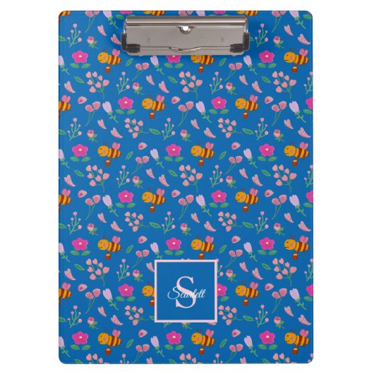 Niedliche Bienenmuster-Wildblumen Monogramm Name b Klemmbrett (Vorderseite)