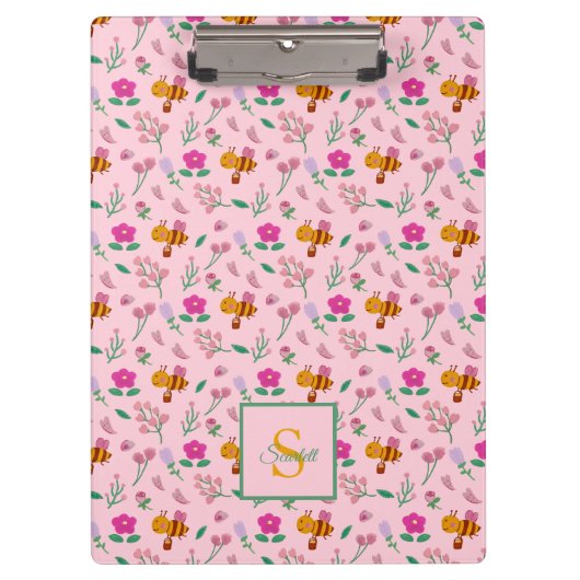 Niedliche Bienenmuster-Wildblumen Monogramm Name p Klemmbrett (Vorderseite)