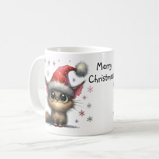 Niedliche Big mit Augen Cat in einer Weihnachtszei Kaffeetasse (Vorderseite Links)