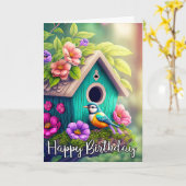 Niedliche Birdwatchers Birdhouse Illustration Karte (Gelbe Blume)