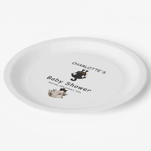 Niedliche Black Cat and Book Baby Dusche Pappteller (Schrägansicht)