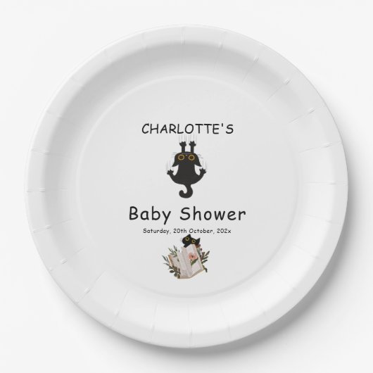 Niedliche Black Cat and Book Baby Dusche Pappteller (Vorderseite)