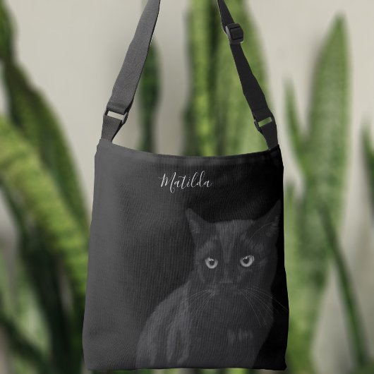 Niedliche Black Cat Art Personalisierte Crossbody Tragetaschen Mit Langen Trägern