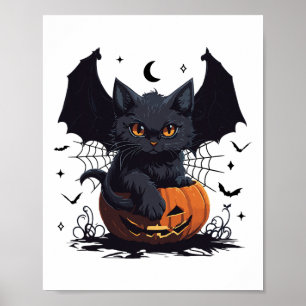 Niedliche Black Cat mit Bat Wings Kürbislaterne Poster