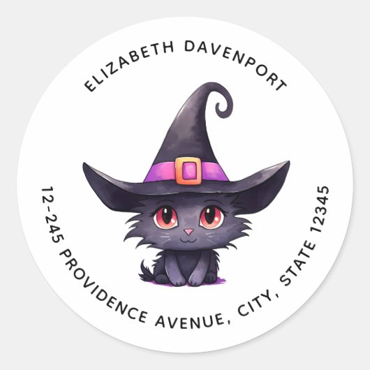 Niedliche Black Cat mit Hexenhutadresse Runder Aufkleber (Vorderseite)
