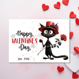 Niedliche Black Cat mit Red Hat Happy Valentines D Feiertagskarte
