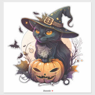 Niedliche Black Cat mit Wizards Hat Pumpkin und Fl Aufkleber