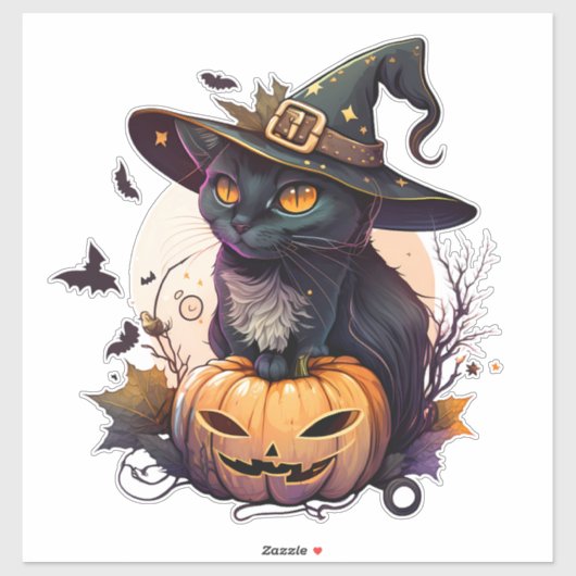 Niedliche Black Cat mit Wizards Hat Pumpkin und Fl Aufkleber (Blatt)