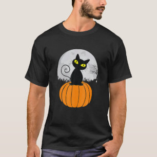 Niedliche Black Cat On Pumpkin Full Moon Halloween T-Shirt
