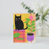 Niedliche Black Cat Pink-Blume Postkarte (Stehend Vorderseite)