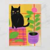 Niedliche Black Cat Pink-Blume Postkarte (Vorderseite)