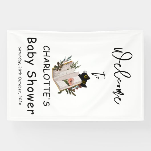 Niedliche Black Cat und Floral Book Baby Dusche Banner (Horizontal)
