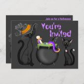 Niedliche Black Cats und Cauldron Halloween Kinder Einladung (Vorne/Hinten)
