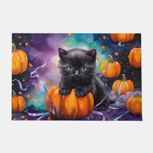 Niedliche Black Kitten Pumpkins und Ribbon Fußmatte (Vorderseite)