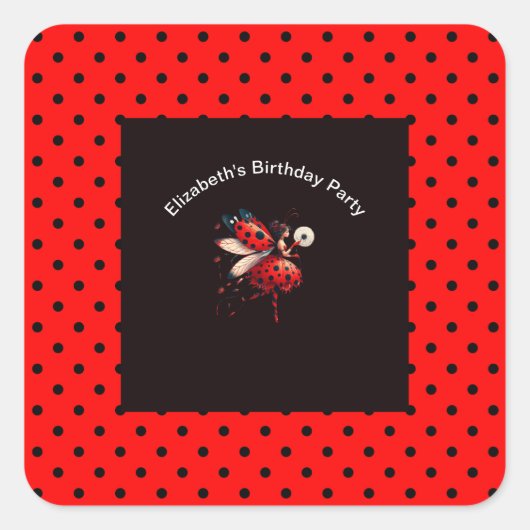 Niedliche Black & Red Ladybug Fairy Birthday Party Quadratischer Aufkleber (Vorderseite)