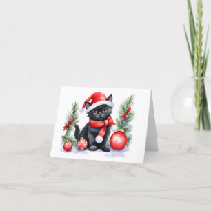 Niedliche Black Santa Kitten mit Weihnachtsballen Feiertagskarte