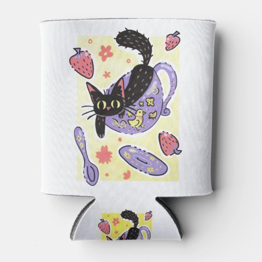 Niedliche Black Teacup Kitty und Erdbeeren Dosenkühler (Vorderseite)